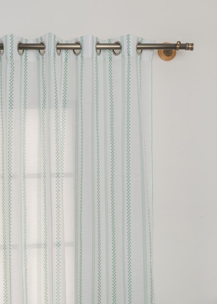 Picket Fence Sage Green 100% Cotton Sheer Geometric curtain for Living room & bedroom - Light filtering - Single Piece  | SHOBITAM