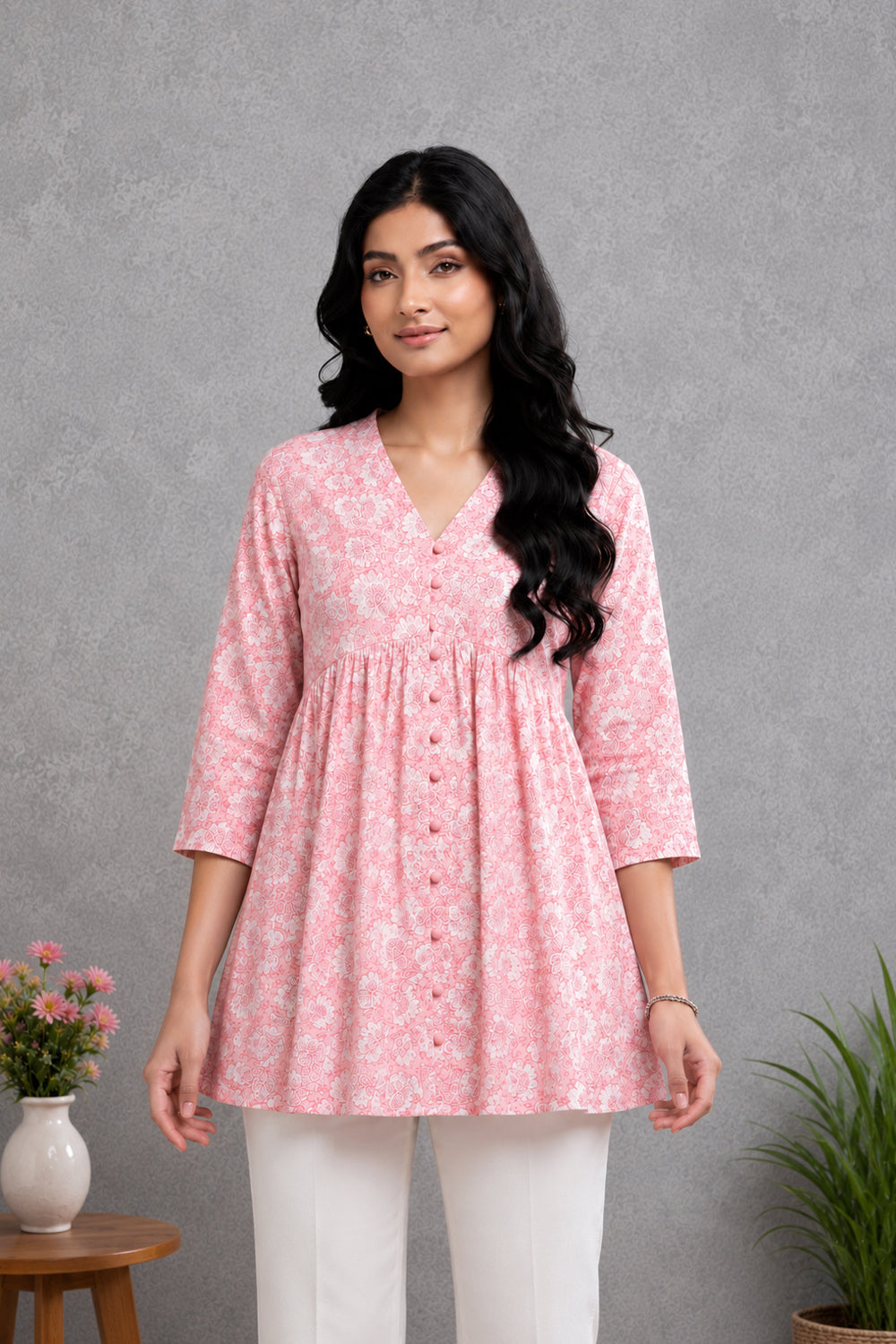 Pink Floral Printed Gathered Tunic Top | SHOBITAM