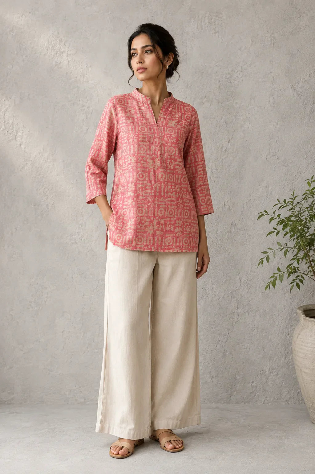 Pink Hand Batik Khadi Cotton Top | SHOBITAM