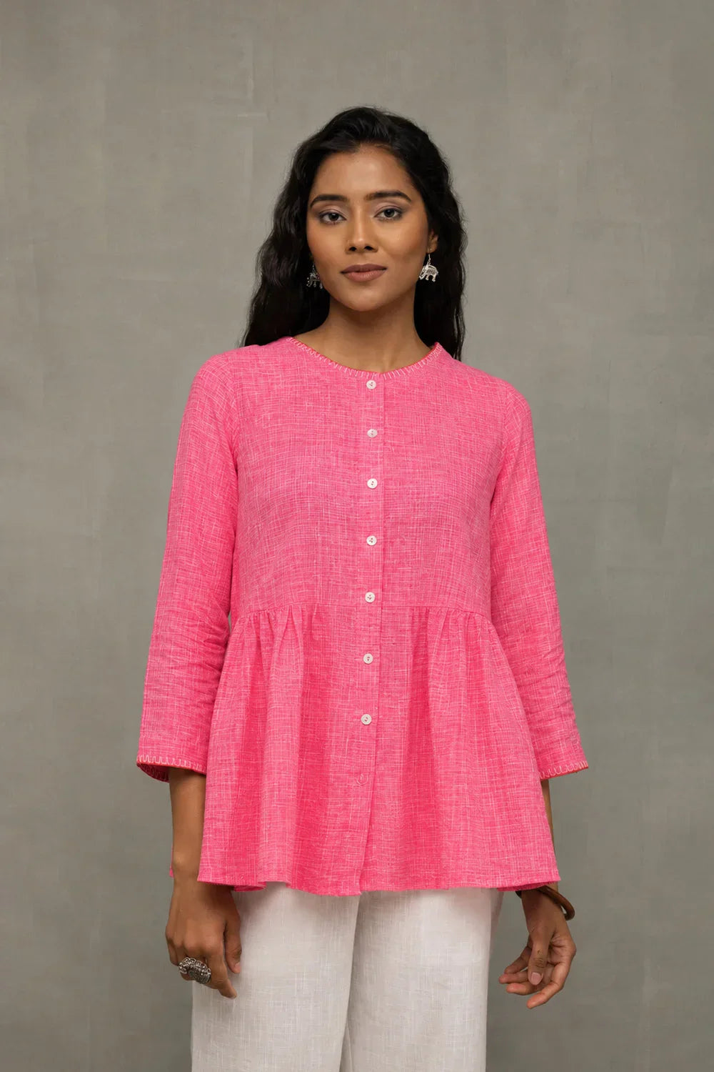Pink Pure Cotton Buttoned Top | SHOBITAM