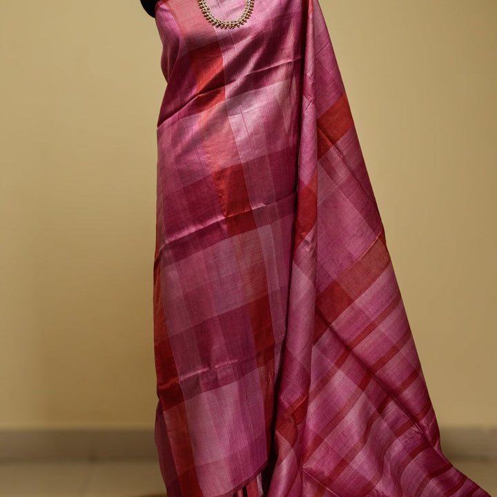 Pink With Mauve Handwoven Tussar Silk Saree | SILK MARK CERTIFIED | SHOBITAM