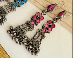 Pink Real Glass Earrings in Brass with Antique Silver Polish |SHOBITAM