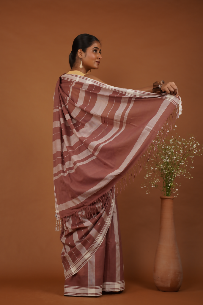 Flying Bird Handwoven Bawan Buti Terrocota Rose Cotton Saree | SHOBITAM