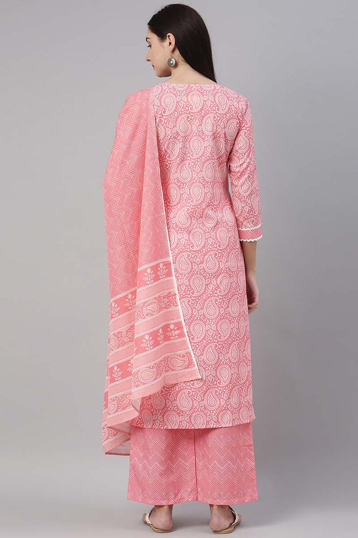 Pink Polyester Paisley Printed Straight Suit Set | SHOBITAM