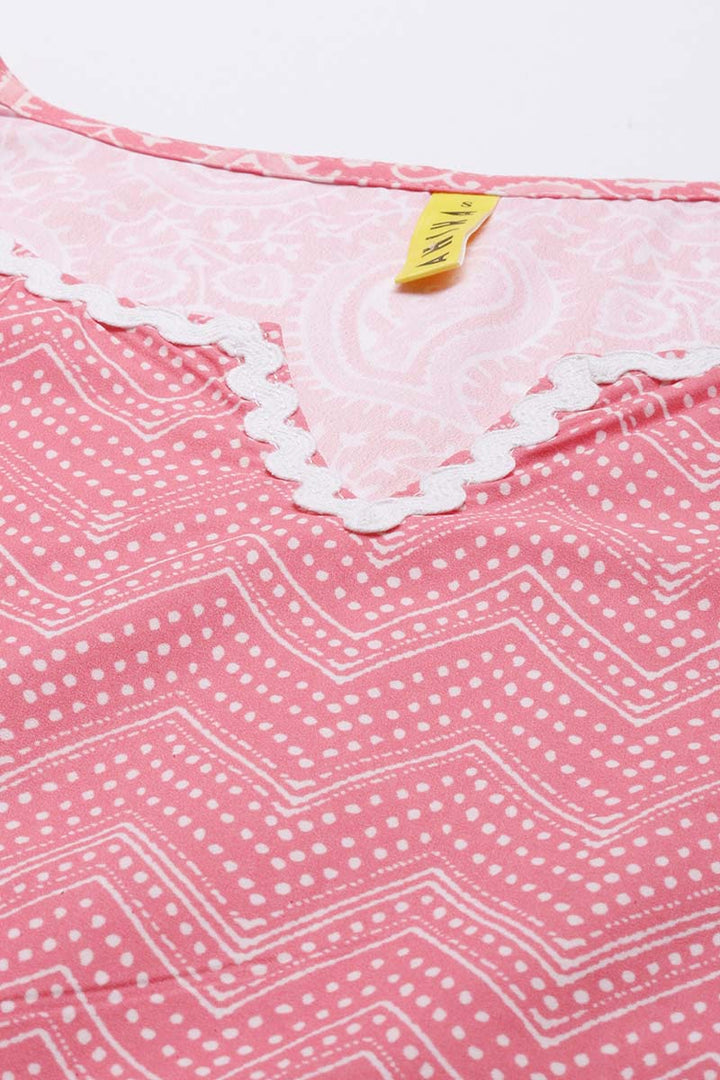Pink Polyester Paisley Printed Straight Suit Set | SHOBITAM
