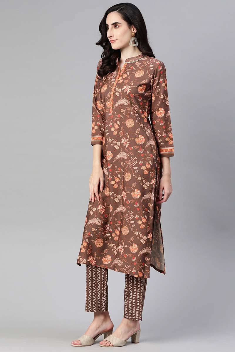 Brown Poly Crepe Floral Print Straight Suit Set | SHOBITAM