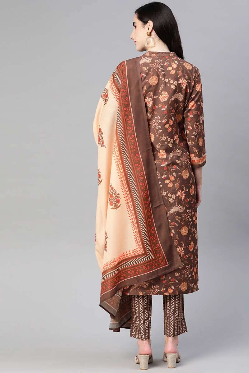 Brown Poly Crepe Floral Print Straight Suit Set | SHOBITAM