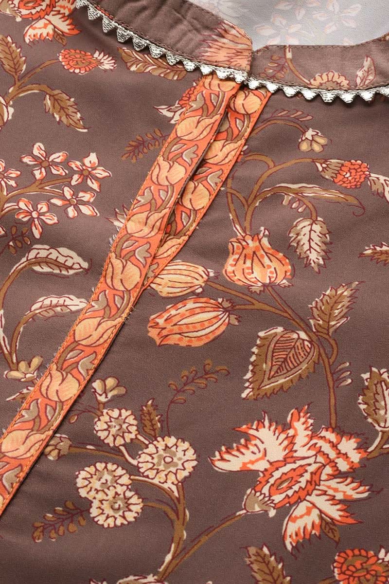 Brown Poly Crepe Floral Print Straight Suit Set | SHOBITAM