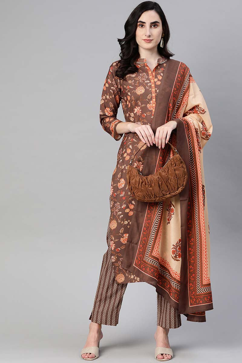 Brown Poly Crepe Floral Print Straight Suit Set | SHOBITAM