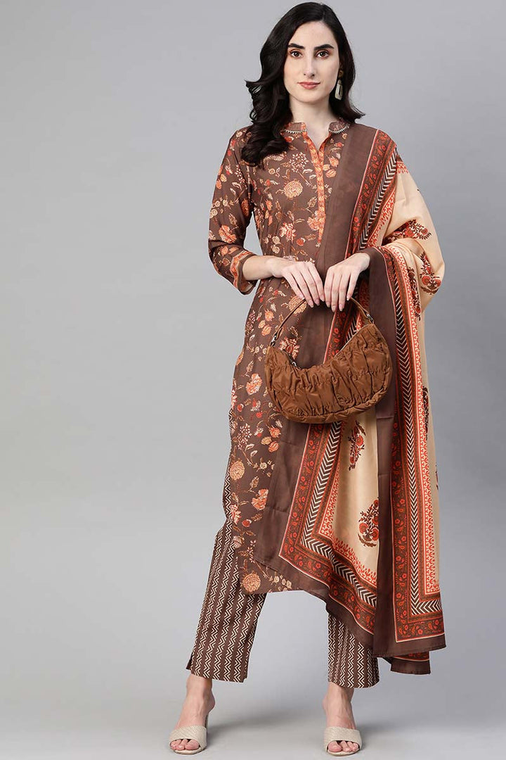 Brown Poly Crepe Floral Print Straight Suit Set | SHOBITAM