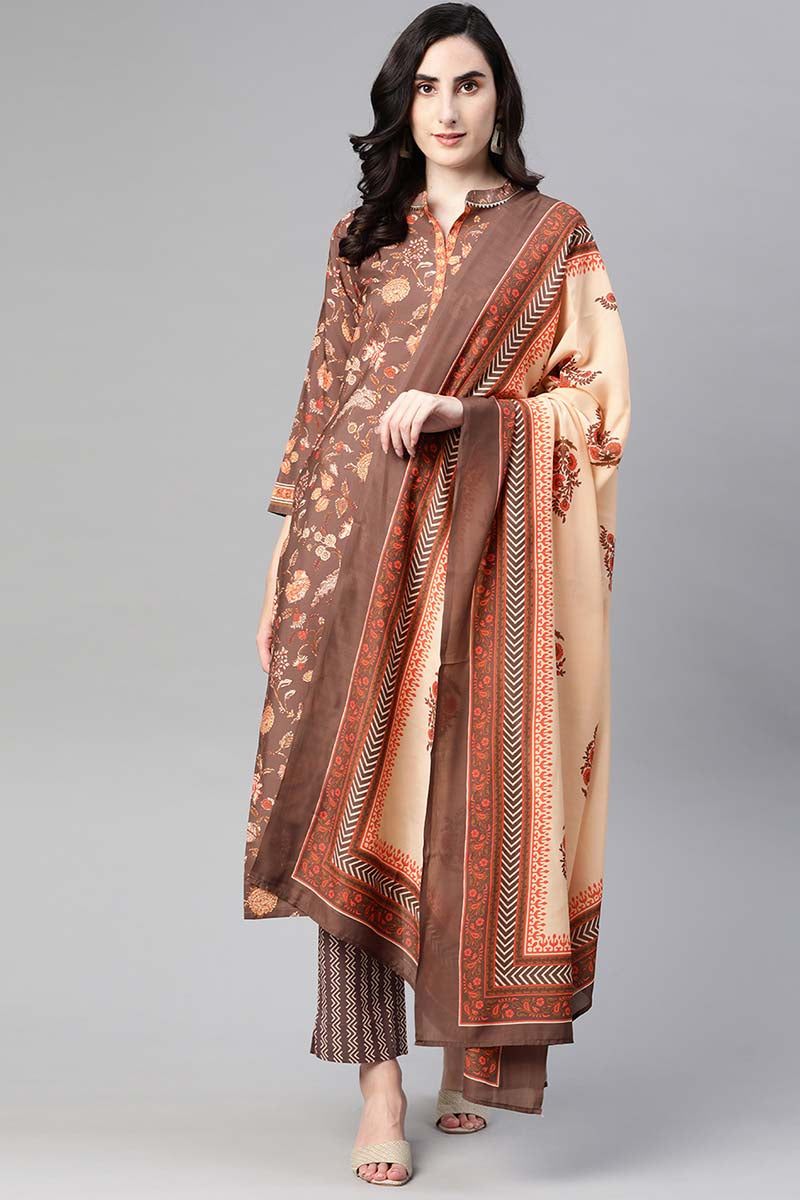 Brown Poly Crepe Floral Print Straight Suit Set | SHOBITAM