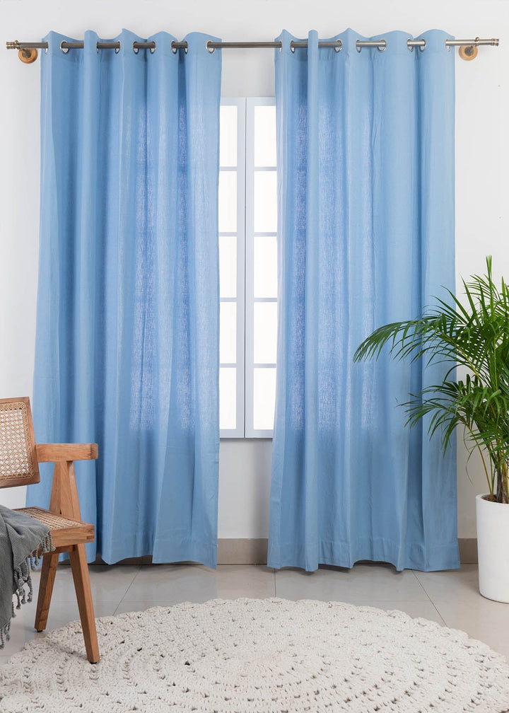 Solid Powder blue 100% cotton plain curtain for bedroom - Light Reduction - Single Piece | SHOBITAM