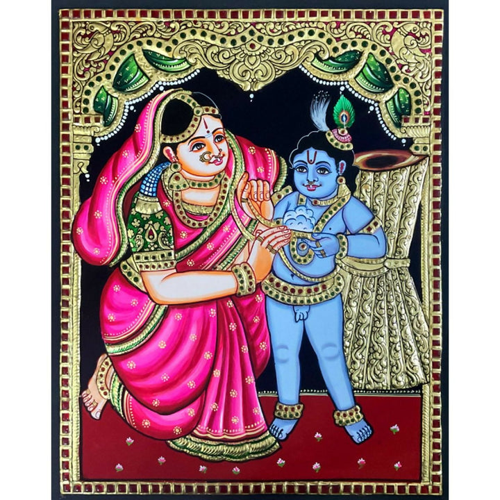 12*15 TANJORE PAINTING Yashoda with Krishna Authentic With 22 Ct Gold Foil and Jaipur Gemstones,Unframed |SHOBITAM