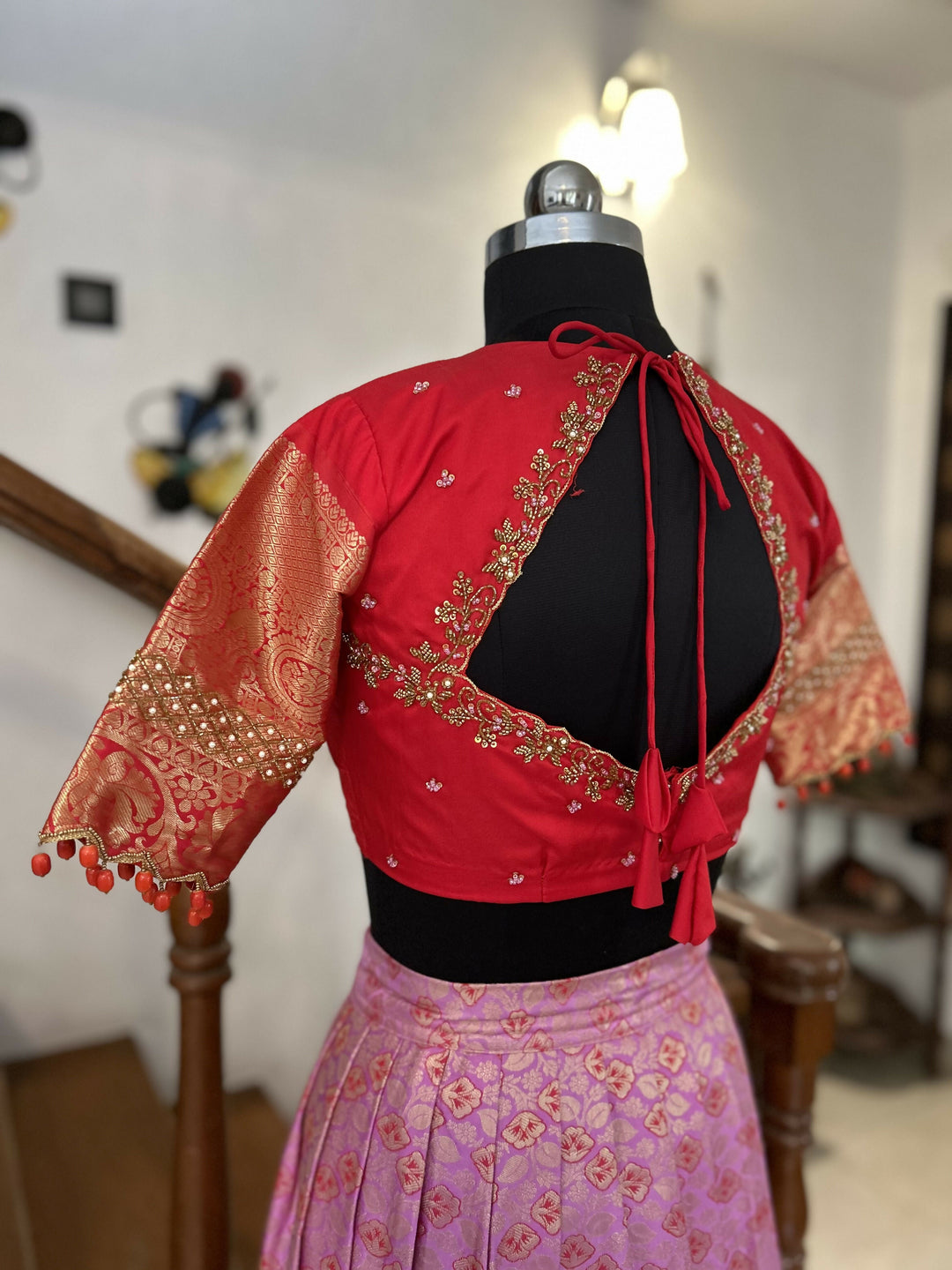 Rose Pink Brocade Skirt With Red Blouse | SHOBITAM