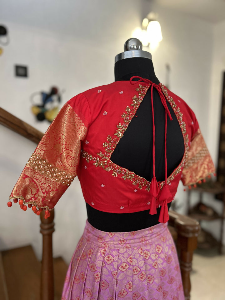 Rose Pink Brocade Skirt With Red Blouse | SHOBITAM