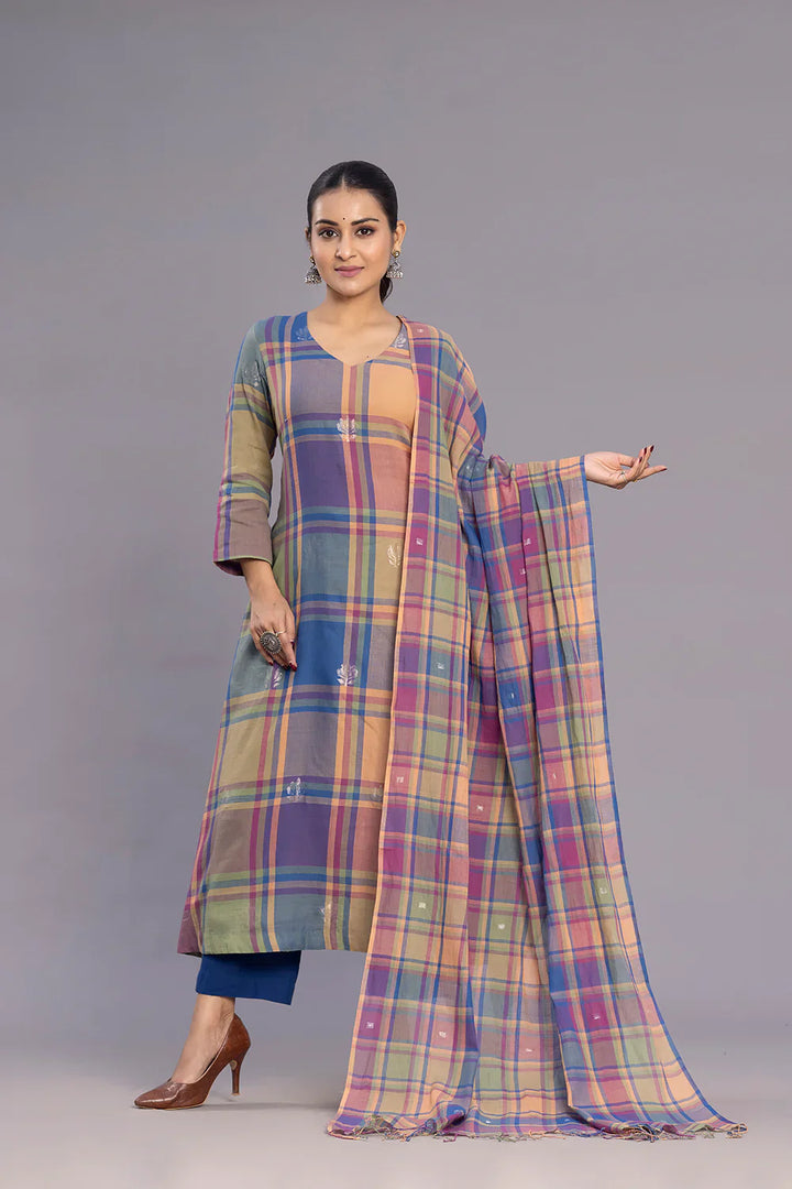 Handloom Multicolour Shalpa Motifs Zari Jamdani Kurta Set with Dupatta | SHOBITAM