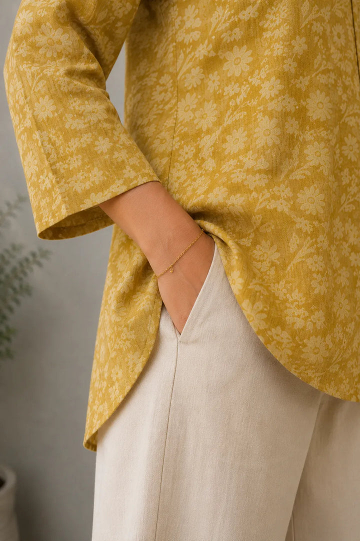 Mustard Hand Batik Khadi Cotton Top | SHOBITAM