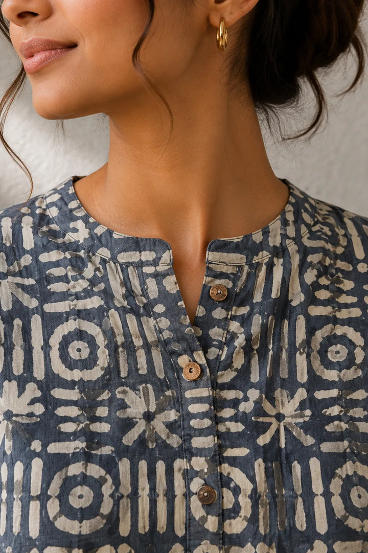 Stone Blue Hand Batik Khadi Cotton Top | SHOBITAM