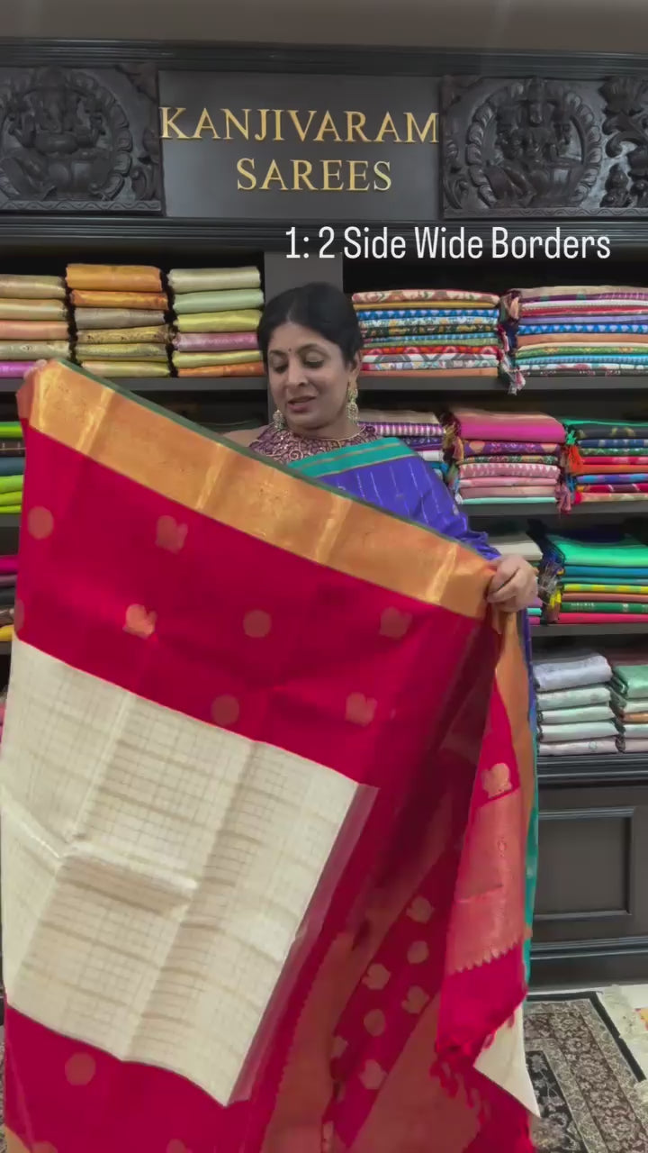 3 Gram Pure Zari Ivory-Blood Red Pure Kanjivaram Silk Saree with Zari Buttas-Checks and Zari Border | SILK MARK CERTIFIED