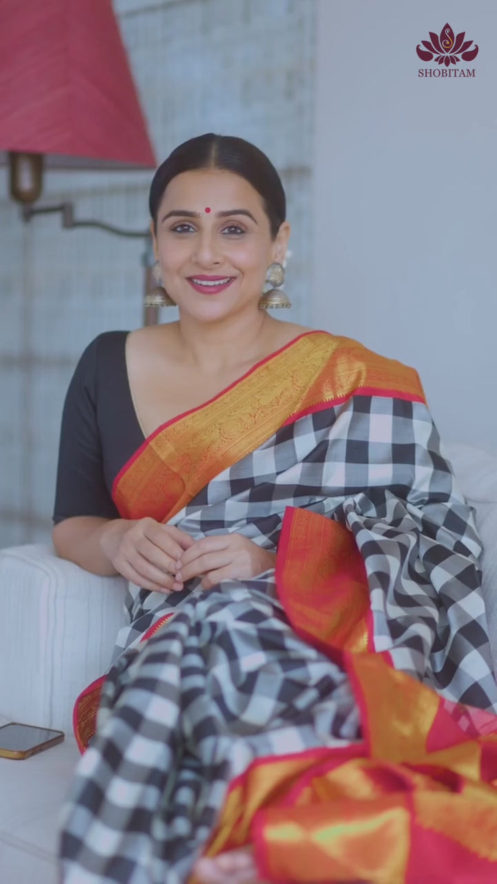 Stunning Korvai Weave Black And White Checks Pure Kanjivaram Silk Saree with Grand Pallu and Red Zari Border | SILK MARK CERTIFIED