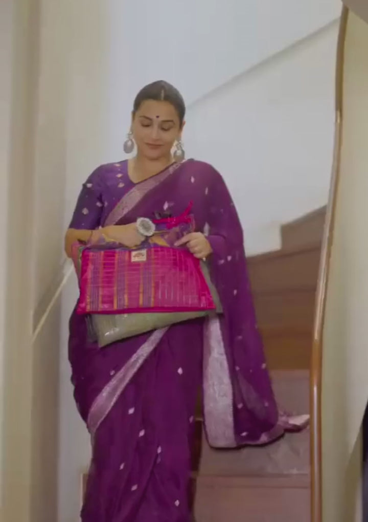 Pure Silk Chiffon Saree in Eggplant Purple with Silver Tone Zari Buttas & Zari Border | SILK MARK CERTIFIED