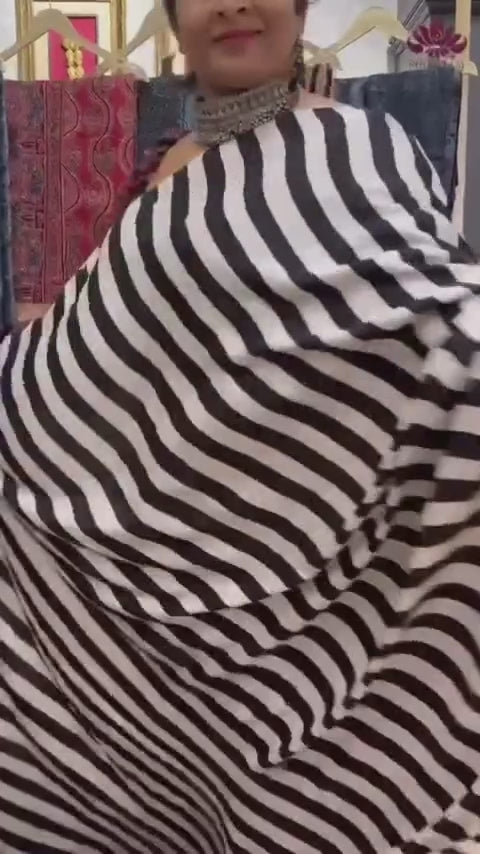 Black-White Ajrakh Hand Block Print on Modal Silk Saree with Vertical Stripes Pattern and Bandhni Pallu | SHOBITAM