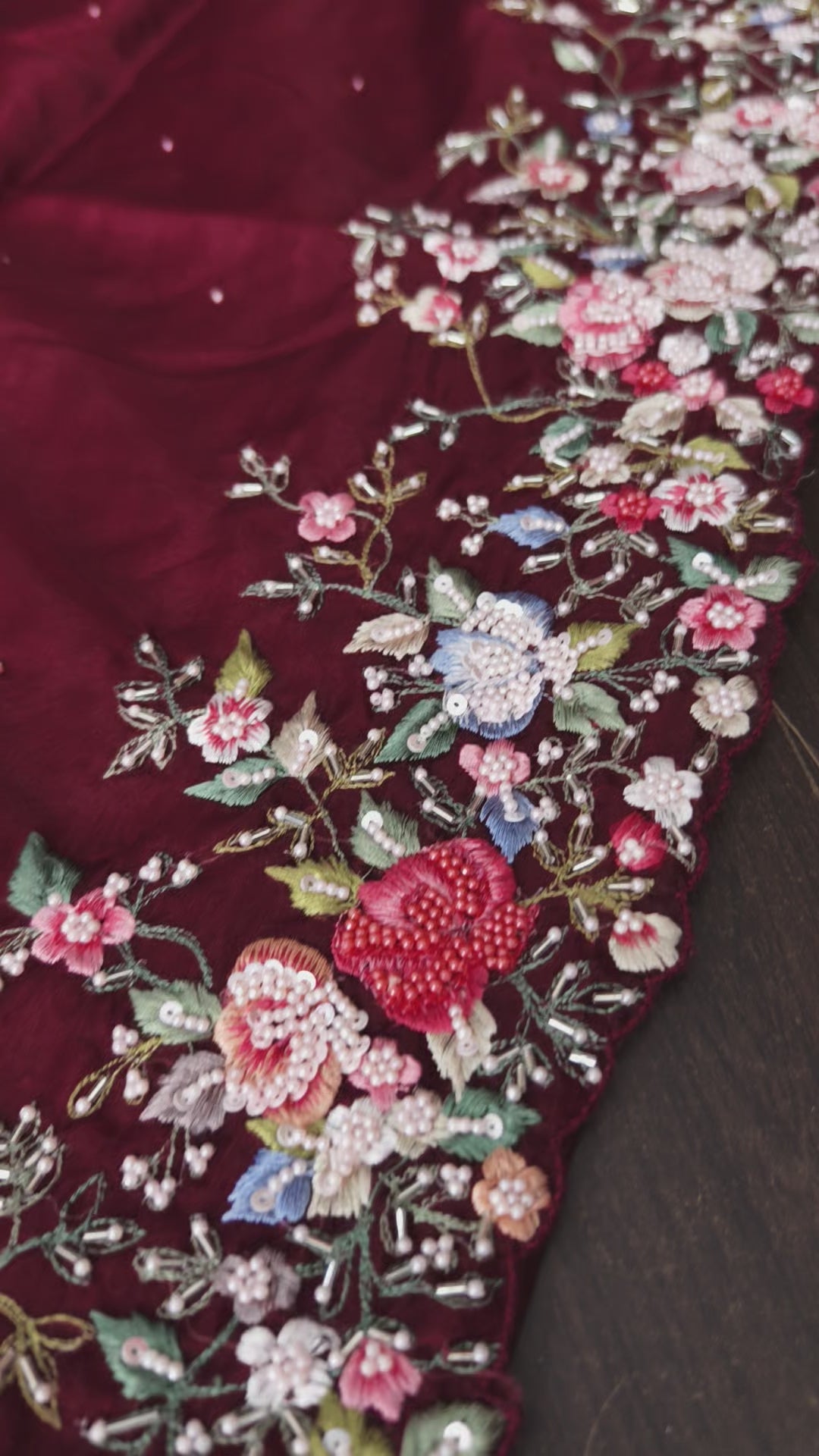 Maroon Pure Banarasi Organza Silk Saree with Floral Embroidery, Pearl work and scallop border | SILK MARK CERTIFIED
