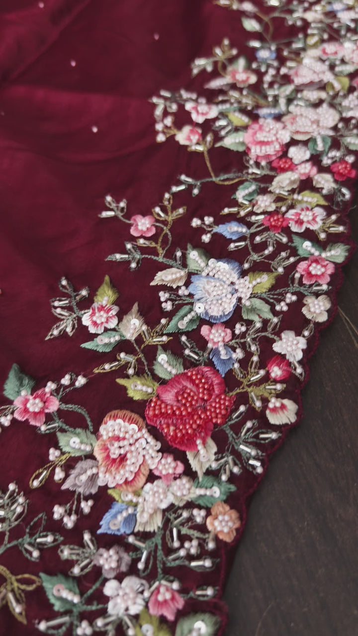 Maroon Pure Banarasi Organza Silk Saree with Floral Embroidery, Pearl work and scallop border | SILK MARK CERTIFIED