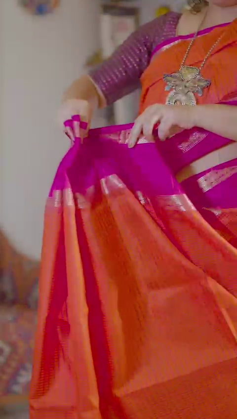Stunning Fanta Orange Kanjivaram Soft Silk Saree with Checks and Magenta Borders | SILK MARK CERTIFIED