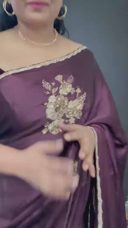 Deep Burgundy Satin Georgette Saree with Antique Cutdana, Sequins and Moti Embellishment and Scallop Border