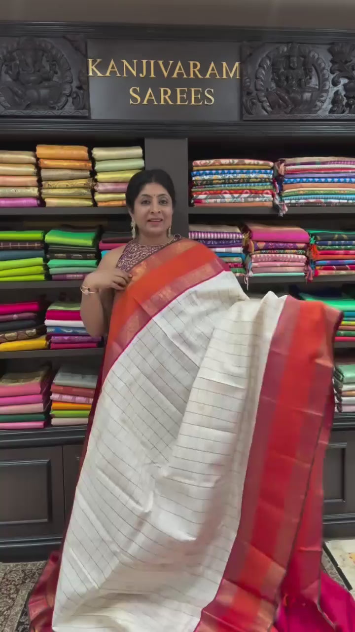 Stunning Off White Pure Kanjivaram Silk Saree with Checks and Orange Rettaipet Zari Border | SILK MARK CERTIFIED