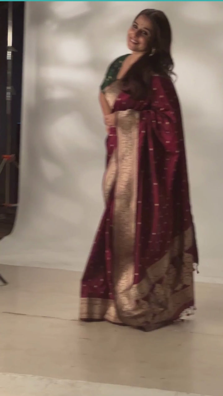 Exquisite Celebrity Banarasi Katan Silk Saree in Garnet with Chunri Buttis and resplendant pallu | SILK MARK CERTIFIED