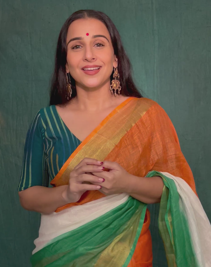 Stunning India Flag Tricolor Pure Linen by Linen Saree. Top Seller Vidya Balan Special!