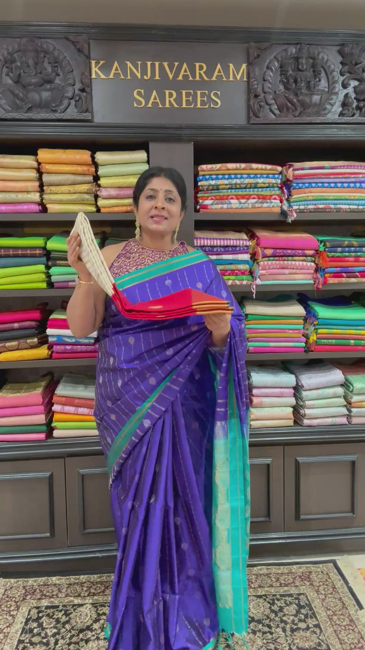 3 Gram Pure Zari Ivory-Blood Red Pure Kanjivaram Silk Saree with Zari Buttas-Checks and Zari Border | SILK MARK CERTIFIED