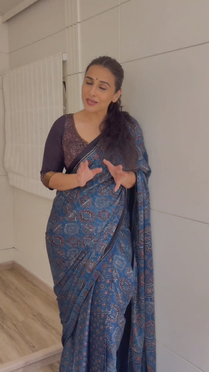 Stunning Indigo Ajrakh Hand Block Print on Modal Silk Saree. Vidya Balan Special!