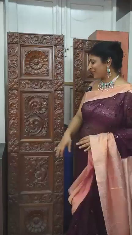 Kanchana tone on tone Sequin on Net Fusion Saree with Two Side Kanjivaram Pure Silk Border | SHOBITAM