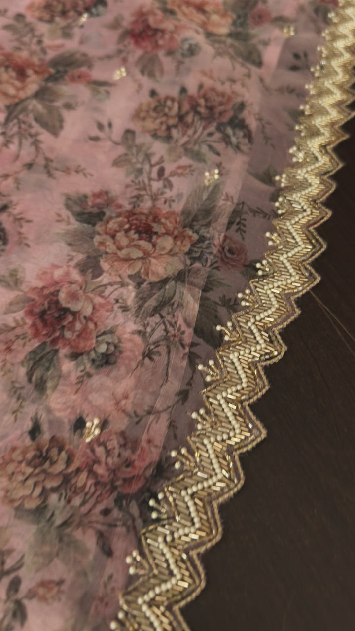 Dusty Amethyst Organza Saree with Floral Digital Print and cutdana, moti scallop border