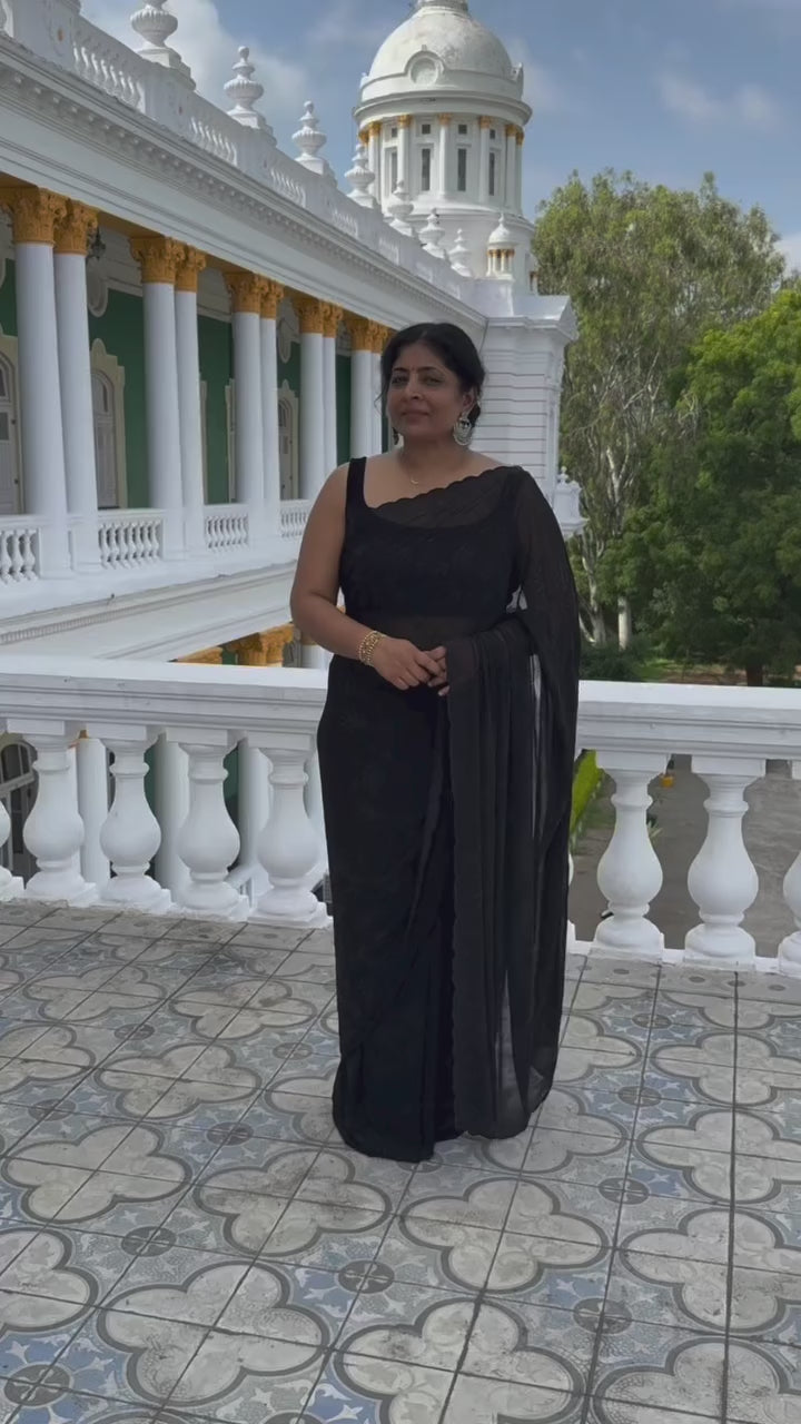 Black Georgette Saree with Tone on Tone Powder Stones Work and Scallop Border | SHOBITAM
