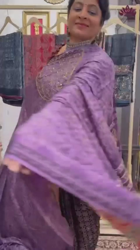 Lavender Modal Silk Saree with Vanaspati Hand Block Print Cutdana, Sequins and Tikki Work | SHOBITAM