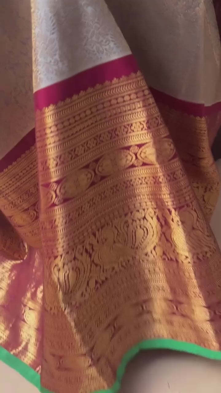 Gray Exquisite Brocade Gadwal Silk Saree with floral Jaal and extravagant 16 inch Zari border | SILK MARK CERTIFIED | SHOBITAM
