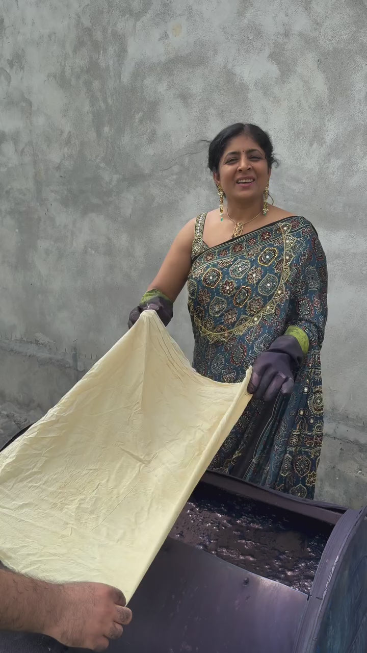 Indigo Modal Silk Saree with Ajrakh Hand Block Print and Sequins Cutdana Handwork | SHOBITAM