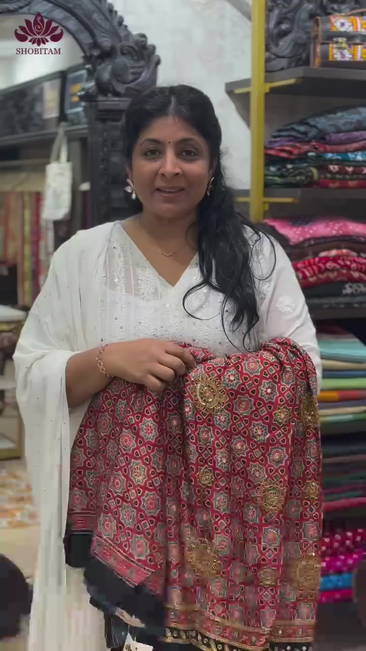 Black-Red-Beige Ajrakh Hand Block Print on Modal Silk Saree with Border | SHOBITAM