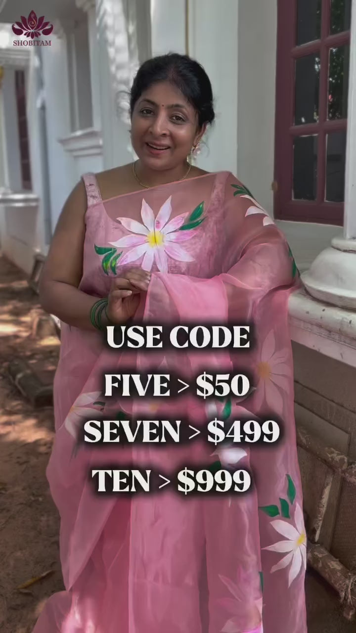 Peach Pink Organza Saree with Flowers Hand painted, No Blouse Piece | SHOBITAM