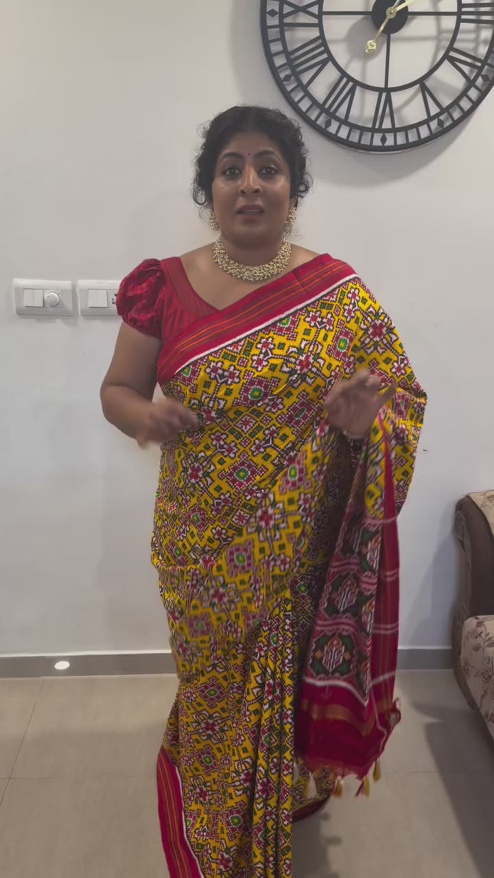 Yellow  Authentic Patan Patola Double Ikkat Pure Silk Saree With Geometric Brocade and Contrast Red Pallu on Both Side | SILK MARK CERTIFIED | SHOBITAM