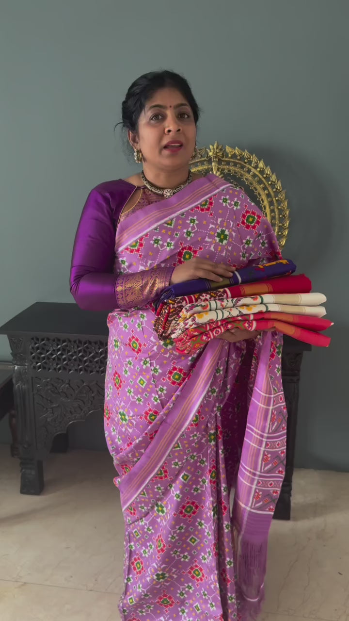 Lavender  Authentic Patan Patola Double Ikkat Pure Silk Saree With Navarathna Pattern and Pallu on Both Side | SILK MARK CERTIFIED