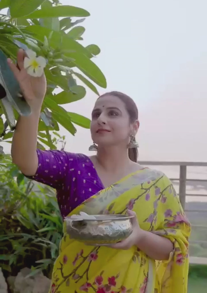Vidya Balan Yellow Floral Linen Saree with Silver Border | Shobitam Saree