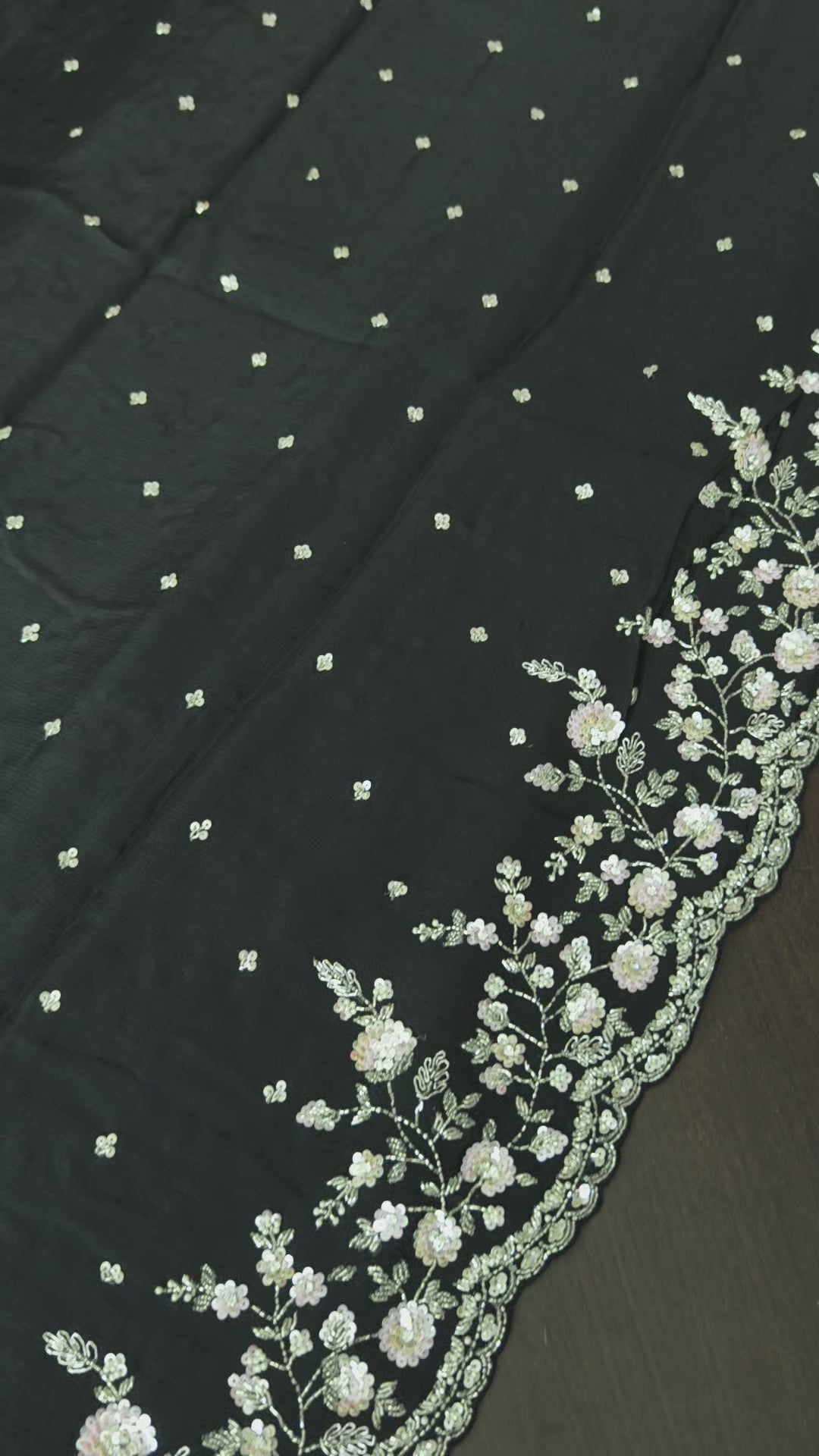 Black Exquisite Pure Crepe Chiffon saree with Sequin and Cutdana scallop embroidery | SILK MARK CERTIFIED