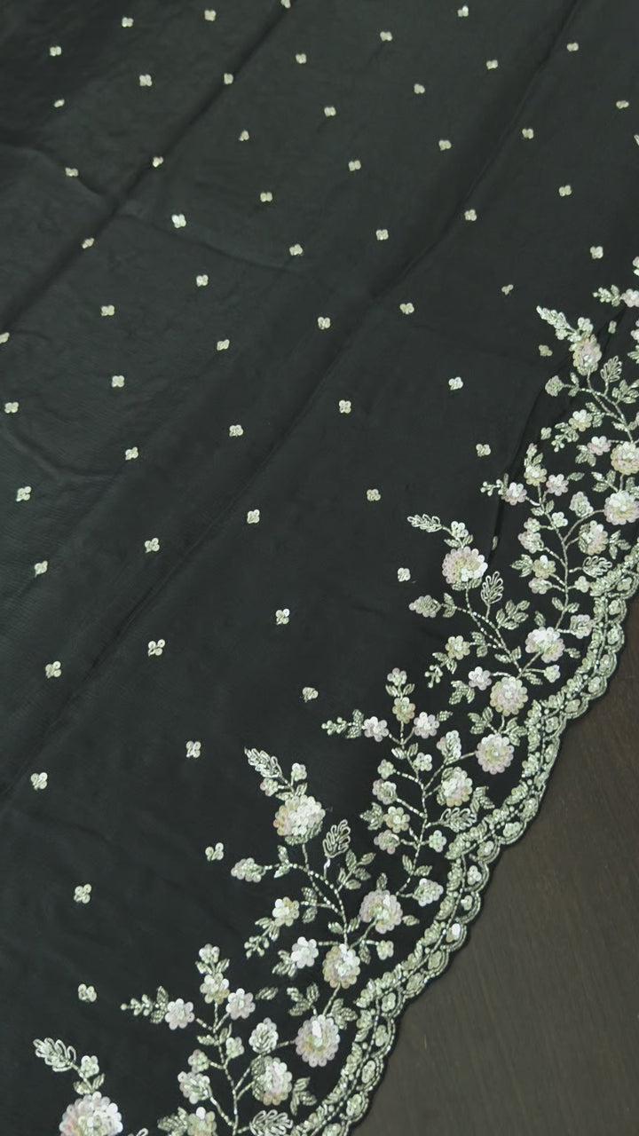 Black Exquisite Pure Crepe Chiffon saree with Sequin and Cutdana scallop embroidery | SILK MARK CERTIFIED