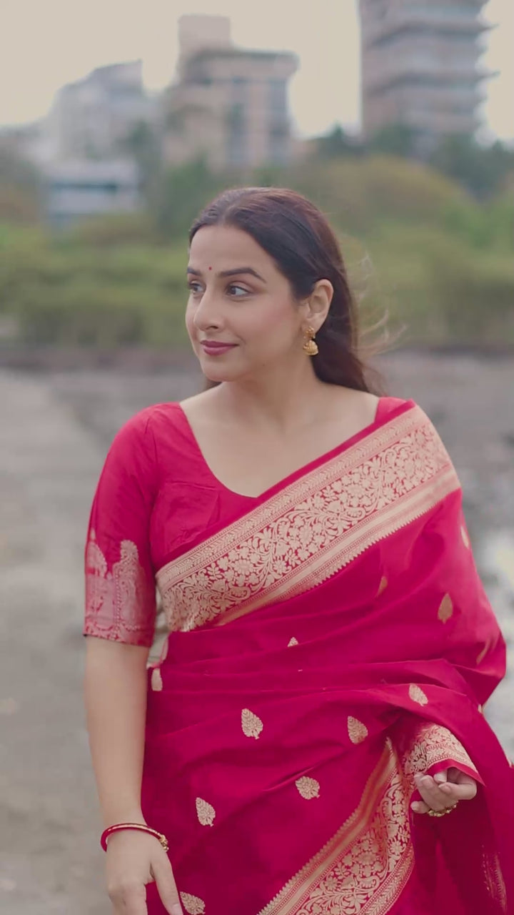 Red Banarasi Mashru Silk Saree with Damask Buttas and Zari Border | SILK MARK CERTIFIED