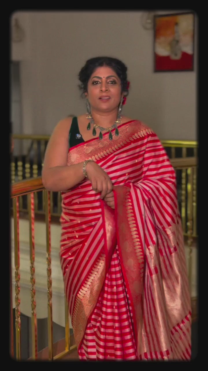 Red Banarasi Mashru Silk Saree with Chunri Buttis Horizontal Panel and Zari Border | SILK MARK CERTIFIED